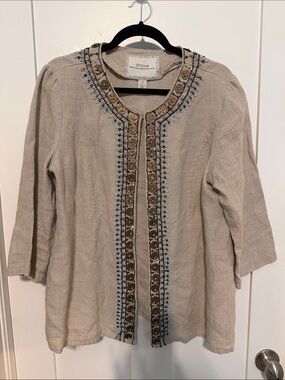 Chico's 100% Linen Beige Open Front Jacket with Copper Blue Bead Embellishment